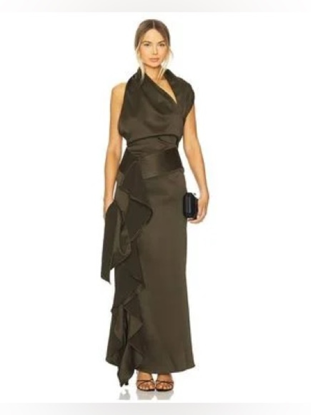 REVOLVE Olive Green Asymmetric Ruffle Maxi Dress